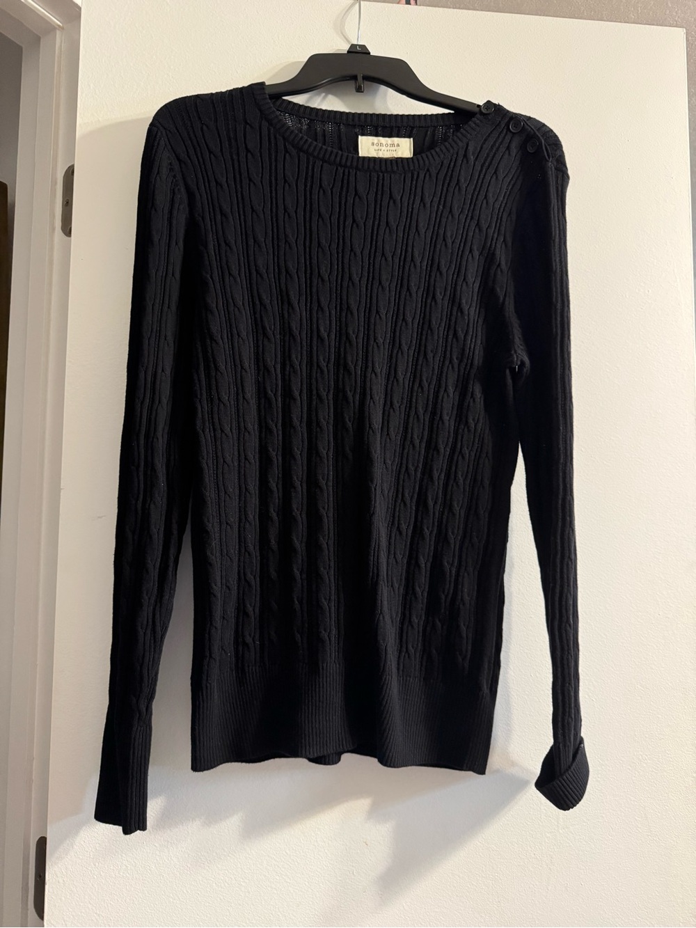 Sonoma Black Cable Crewneck Sweater with Button Shoulder 100% Cotton